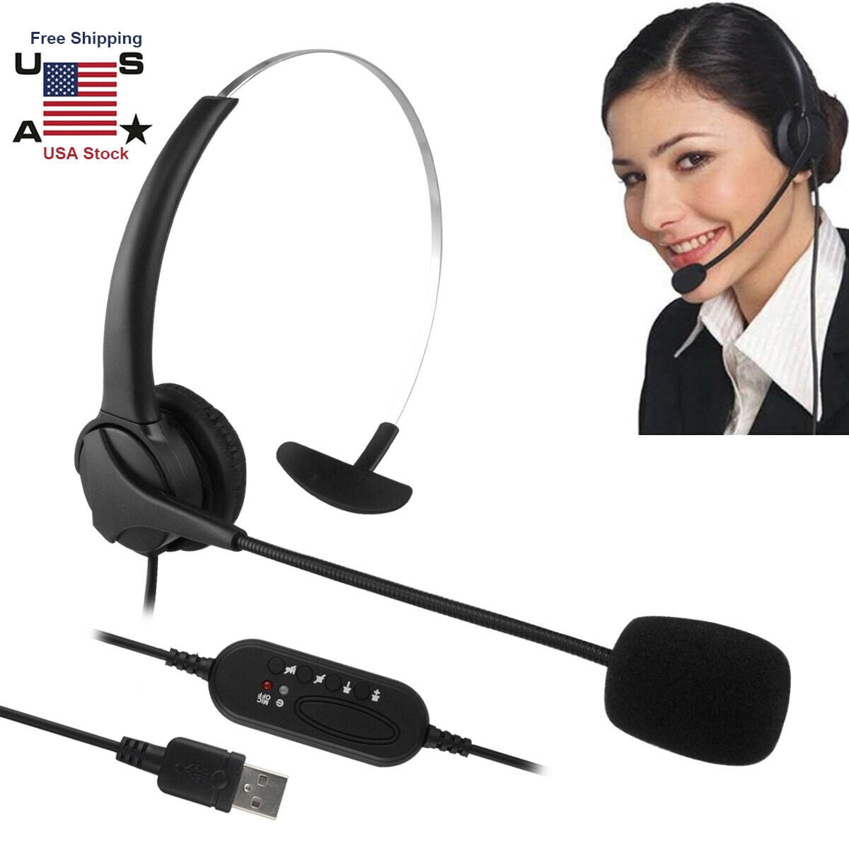 USB Noise Cancelling Microphone Single Headset for Call Centre Office