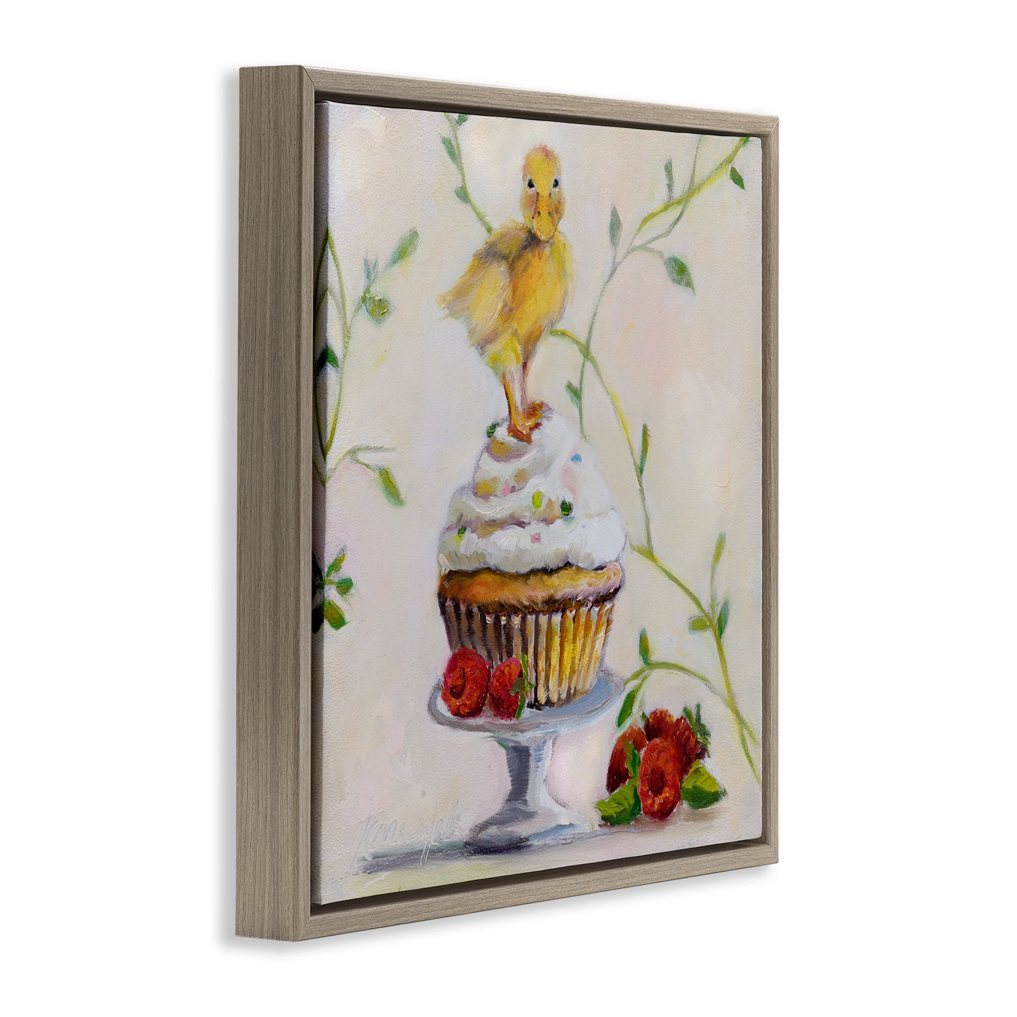 Stupell Industries Baby Duck on Raspberry Cupcake Animals & Insects Painting Brown Floater Framed Canvas Art Print Wall Art, 25 x 25