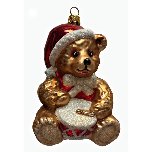 Teddy Bear with Santa Hat Playing The Drums Polish Glass Christmas Tree Ornament
