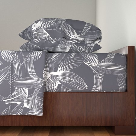 Coco Palms - Tropical Leaf Coco Palms White On Lava 100% Cotton Sateen Sheet Set by Roostery
