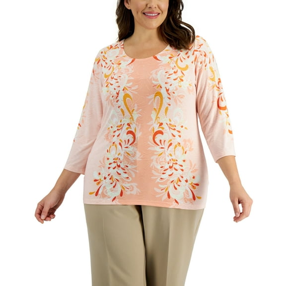 JM Collection Plus Size Printed Jacquard Top Orange Glaze Combo 3X