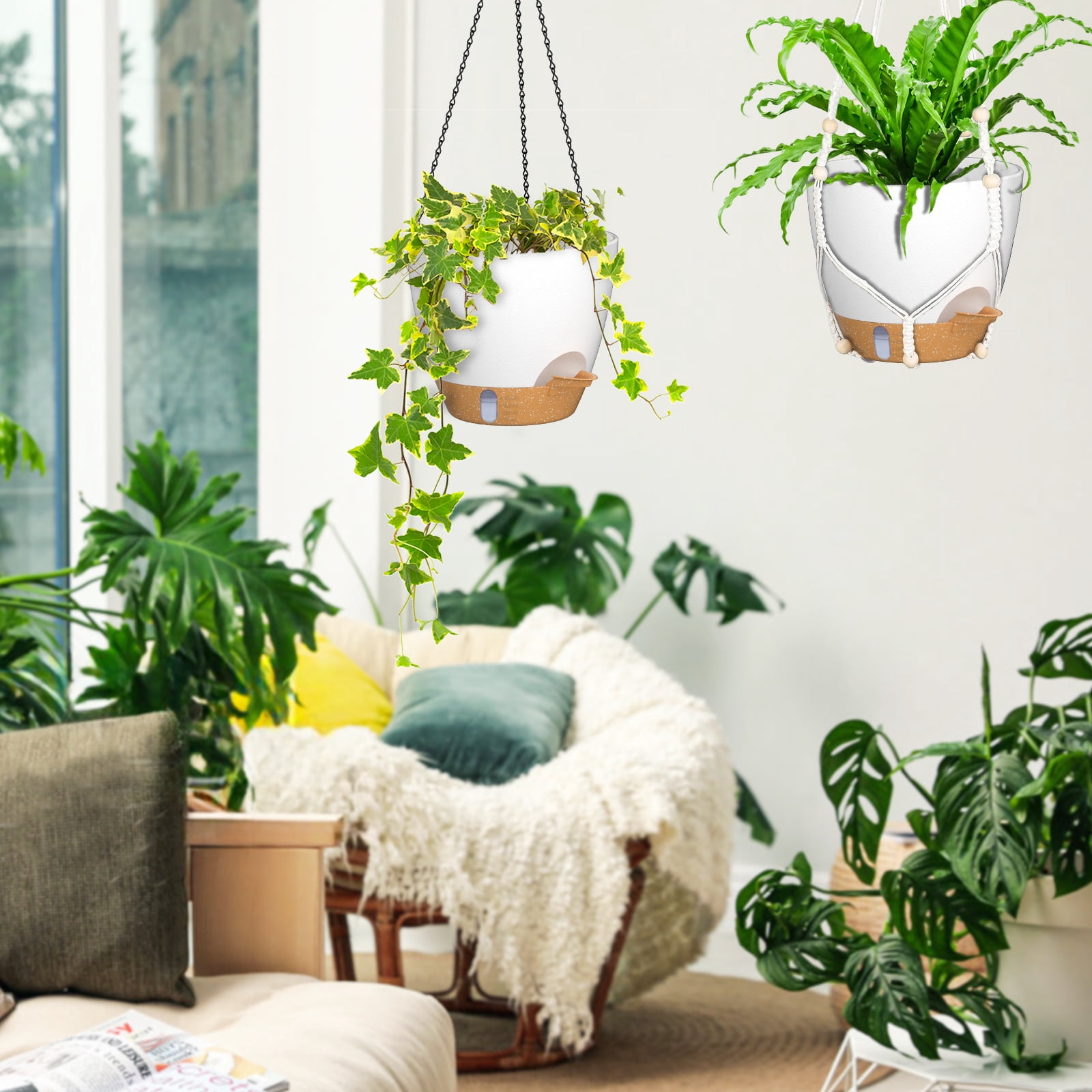 FIASON 2 Pack 10 Inch White Self-Watering Hanging Planters, Indoor Outdoor Flower Pots with Visual Reservoir, Drainage Holes & 2 Types of Plant Hangers for Garden Home Decor