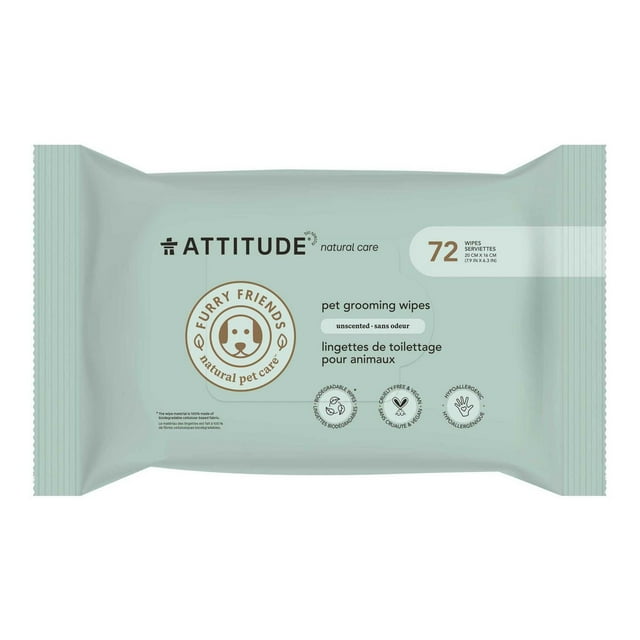 ATTITUDE Furry Friends Unscented Bath Wipes for Dogs & Cats, Deodorizing Pet Care, 72 Wipes