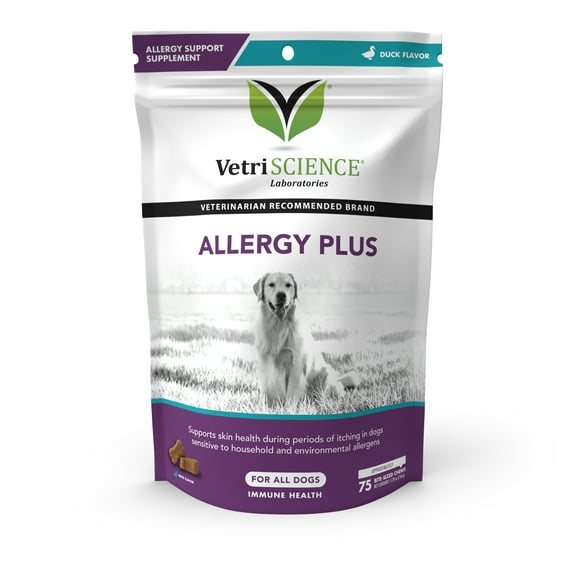 VetriScience Allergy Plus Supplement for Dogs, Duck Flavor, 75 Chews – Probiotic Allergy Chews for Itchy Skin and Immune Support with Krill Oil and Natural Plant Extracts