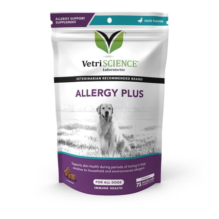 VetriScience Allergy Plus Supplement for Dogs, Duck Flavor, 75 Chews – Probiotic Allergy Chews for Itchy Skin and Immune Support with Krill Oil and Natural Plant Extracts