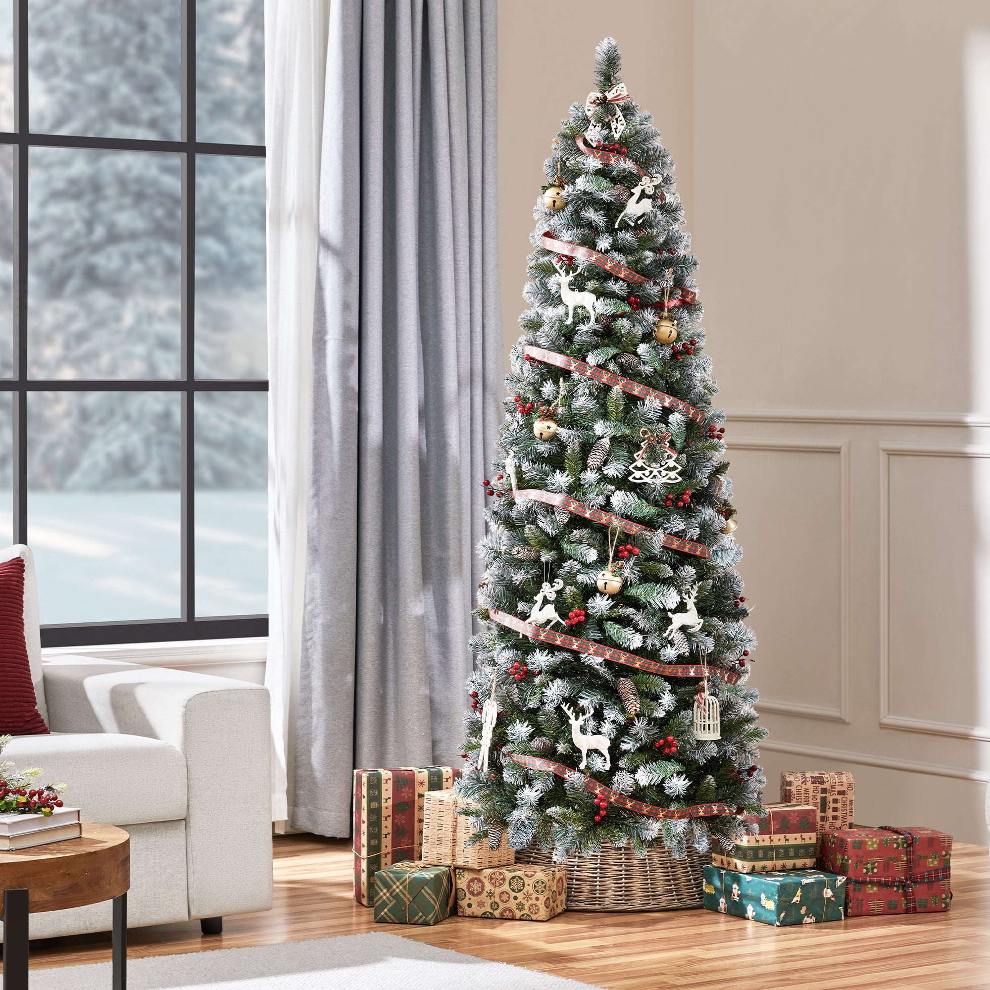 Alden Design 6FT Pre-Lit Pencil Christmas Tree with Pinecones and Red Berries, Snow-Dusted PVC Holiday Tree, Green