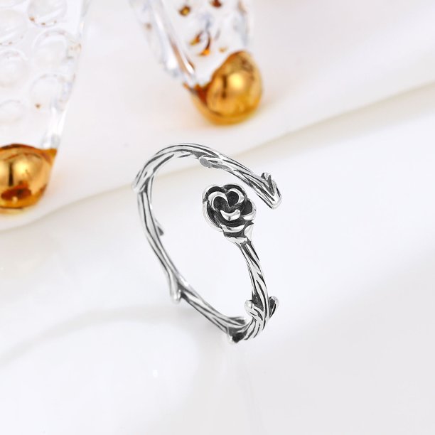 Anillo abierto de rosa retro personalizado de plata esterlina s925, elegante joyería de nicho, anillo de flores simple y moderno para mujer