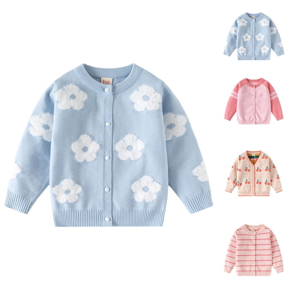 Afuyipoi Girls Flower Knit Cardigan Size 1-8Y Long Sleeve Soft Sweater for Kids Casual Winter Blue Size 3T