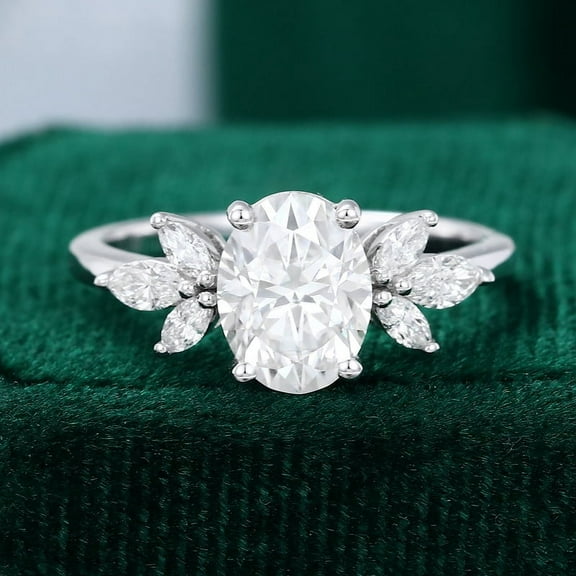 Silvago Jewel 14K White Gold Plated Ring - 14K Lab Created Oval Cut 2 Ct Diamond Rings for Her - Multi-Stone Diamond Rings for Women's - Solitaire with Accent Diamond Ring for Women's