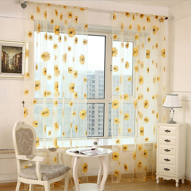 Window Curtain, Outgeek 2 Panels Floral Sunflower Sheers for Living ...