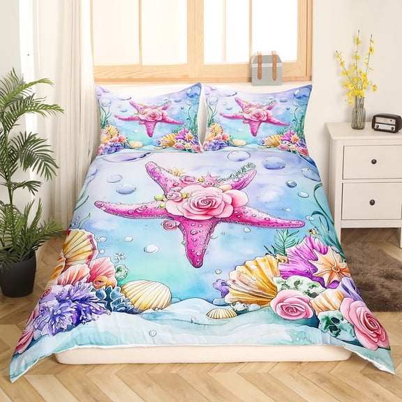 Erosebridal Teen Flower Starfish Comforter Cover Twin,Cartoon Sealife Bedding Twin Size,Marine Room Decorative,3Pcs
