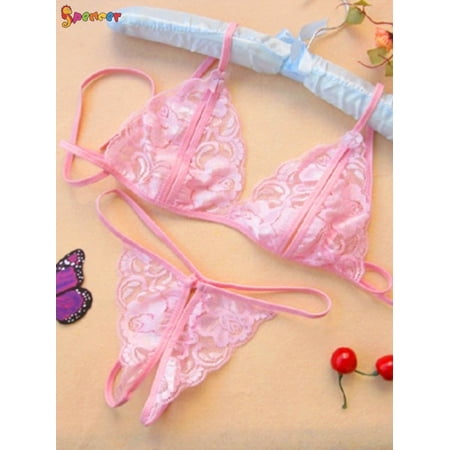 Spencer 2PCS Womens Sexy Lingerie Lace Bralette Bra Panty Set Floral Babydoll Strappy G String T-Back Thongs Panties Sleepwear  L Pink