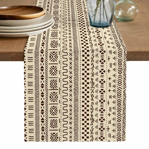 Abstract Boho Table Runner, Modern African Ethnic Geometric Beige Washable Cotton Linen Table Runners 72 Inches Long, Dresser Scarf Runner for Dining/Coffee/Kitchen/TV Stands/Cabinets 13''x72''