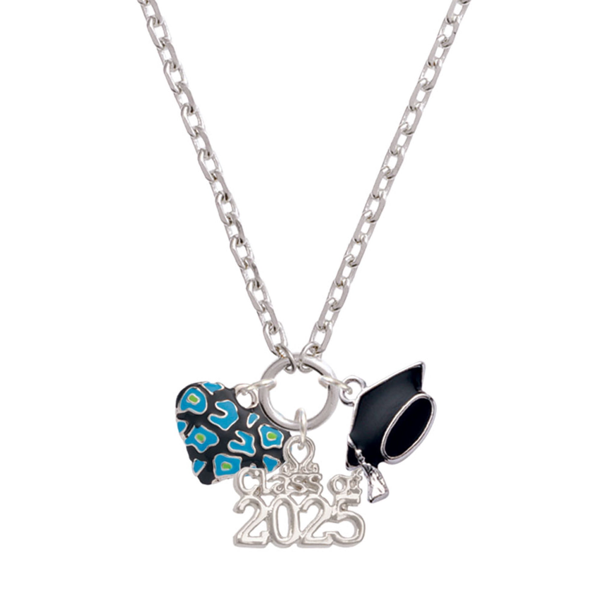 Delight Jewelry Silver-tone Hot Blue Cheetah Print Heart - Silver-tone Class of 2025 Graduation Zoey Necklace, 28"