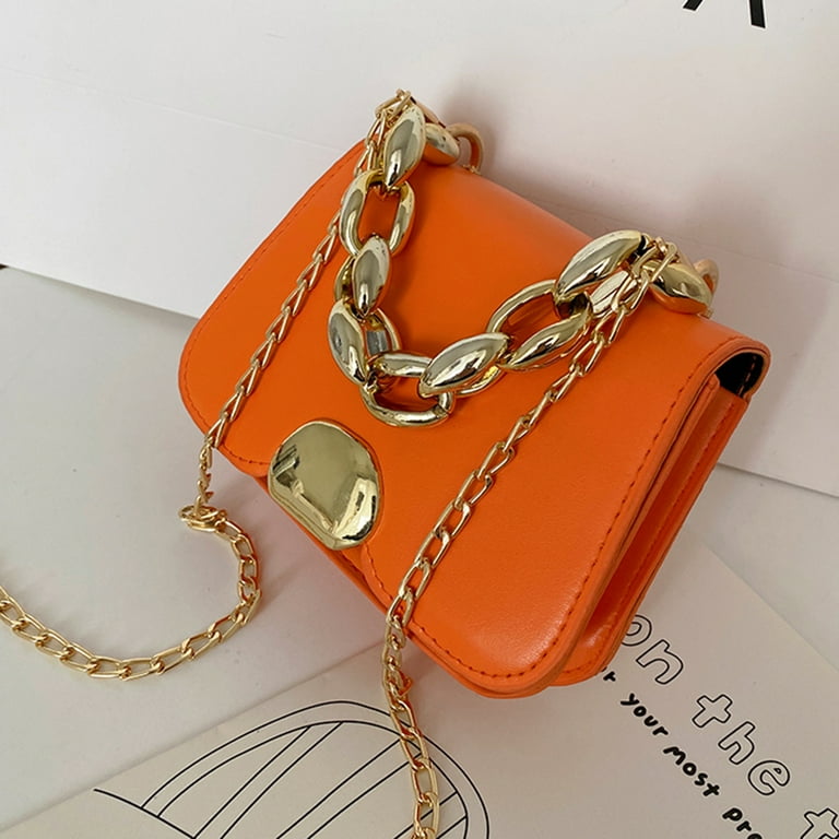 YFMHA Designer Women Chain PU Leather Shoulder Bag Mini Square Handbag Orange