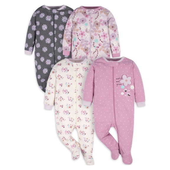 Gerber Baby Girl Sleep 'N Play Footed Pajamas, 4-Pack