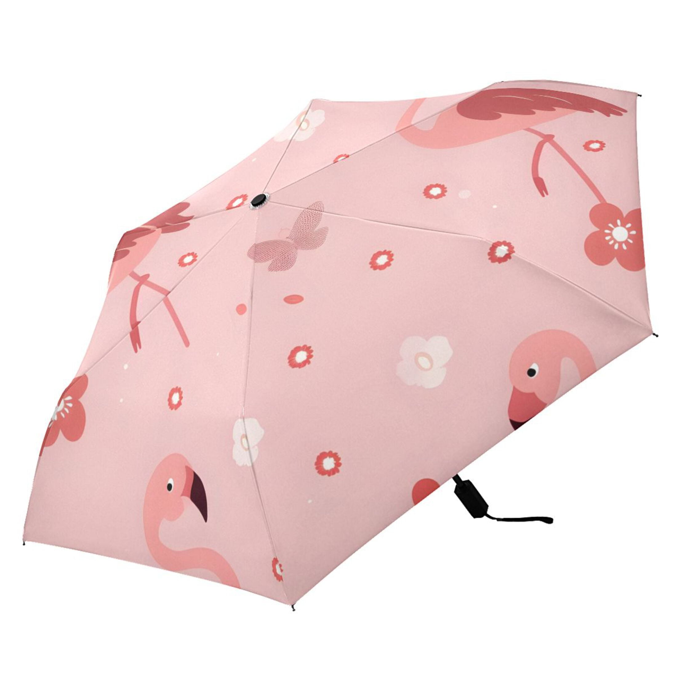 Flamingos and Flowers All Weather Umbrella Triple Folding Parasol 6 Ribs UV Protection Portable