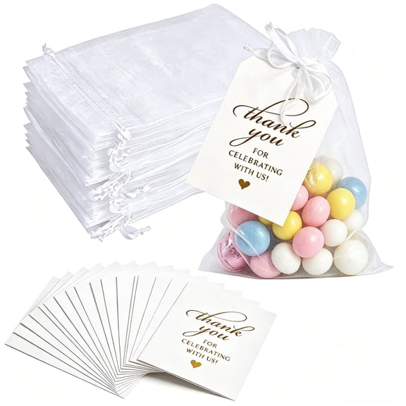 100Pcs White Drawstring Organza Gift Bags with 100 Thank You Tags, Mesh Candy Pouches for Wedding Christmas Party Favors
