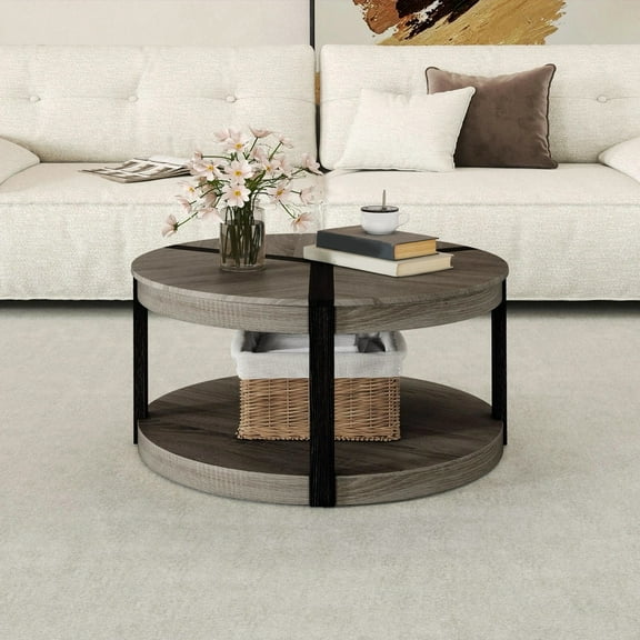 Auranook 2-Tier Round Coffee Table, 34.5" Rubber Wood Center Table w/Spacious Tabletop & Storage Shelf Modern