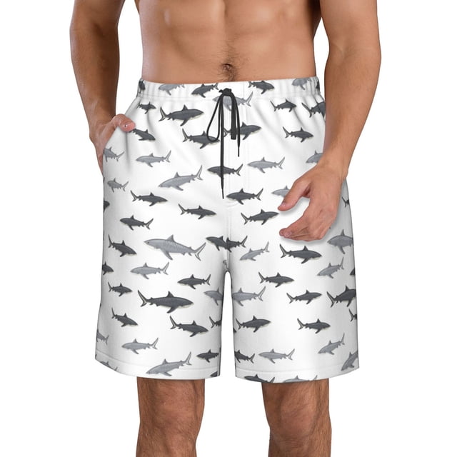 Sikiie Cute Shark Print Men's Beach Shorts, High Elastic Quick-drying Shorts - with Drawstring and Slip Pockets, Suitable for Beach, Sports, Vacation-Small