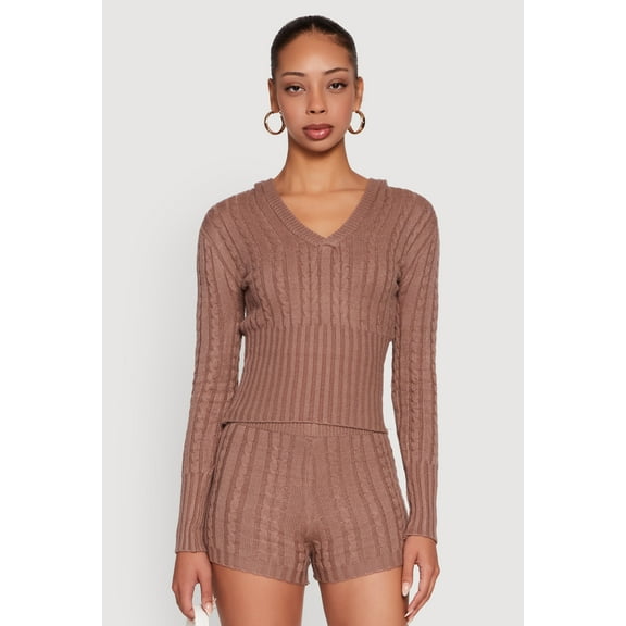 Womens Cable Knit V Neck Hooded Sweater