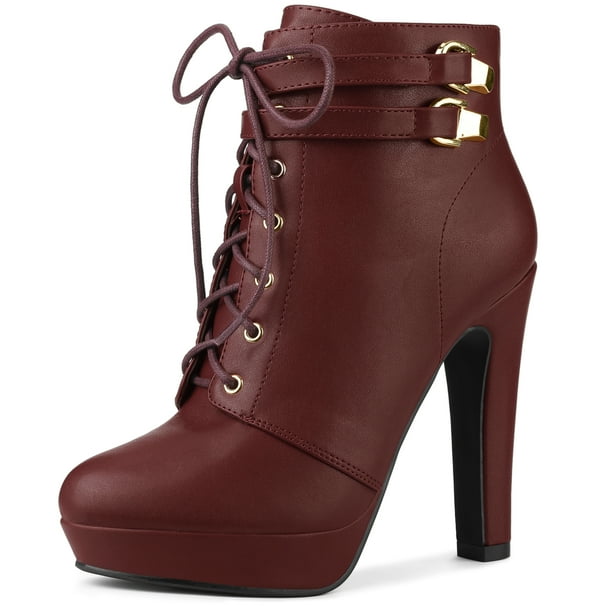 Botines con plataforma y tacones de bloque con correa con cordones para mujer borgoña 39