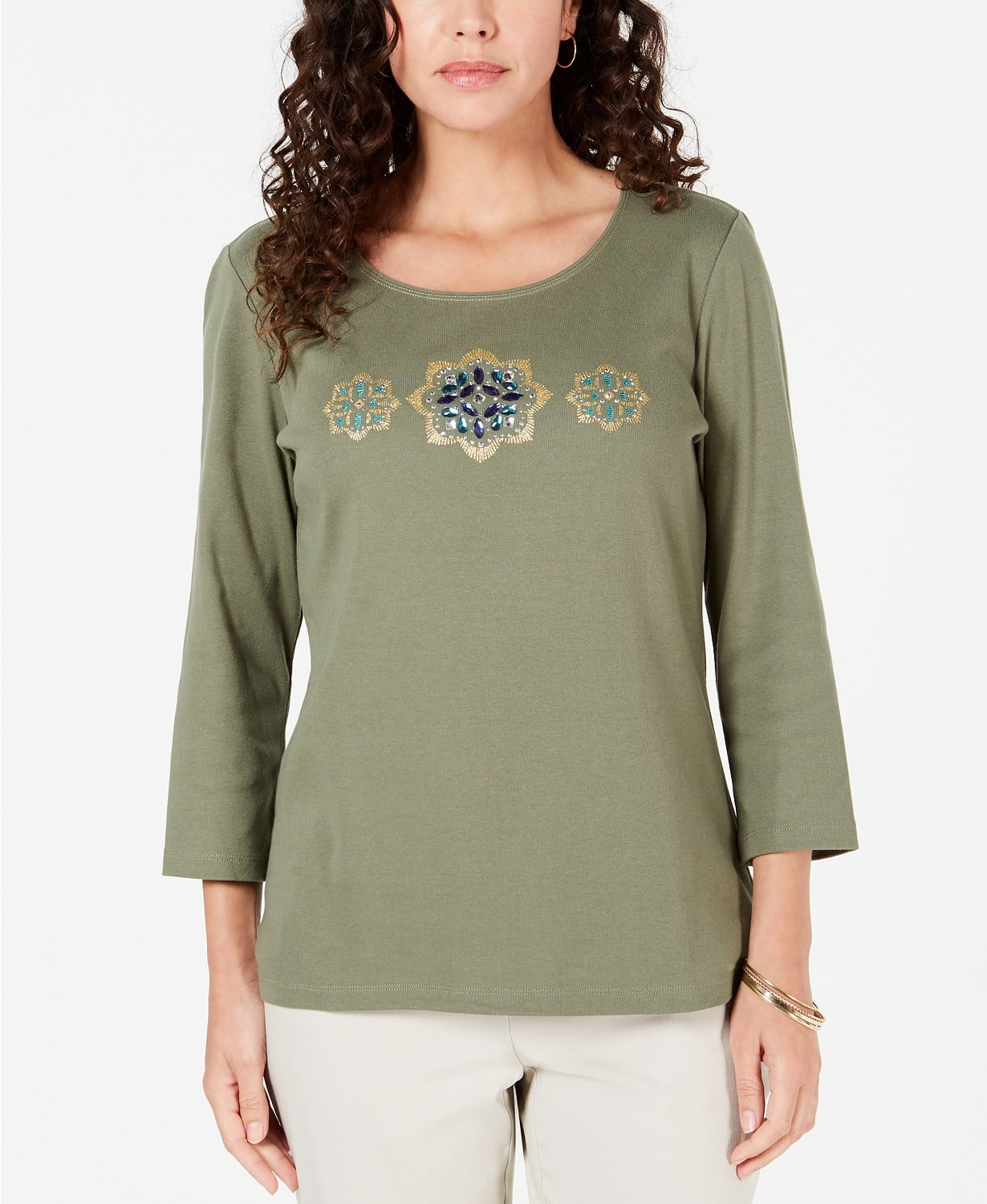 Karen Scott Women's Petite RhinestoneEmbellished Cotton Top Green Size
