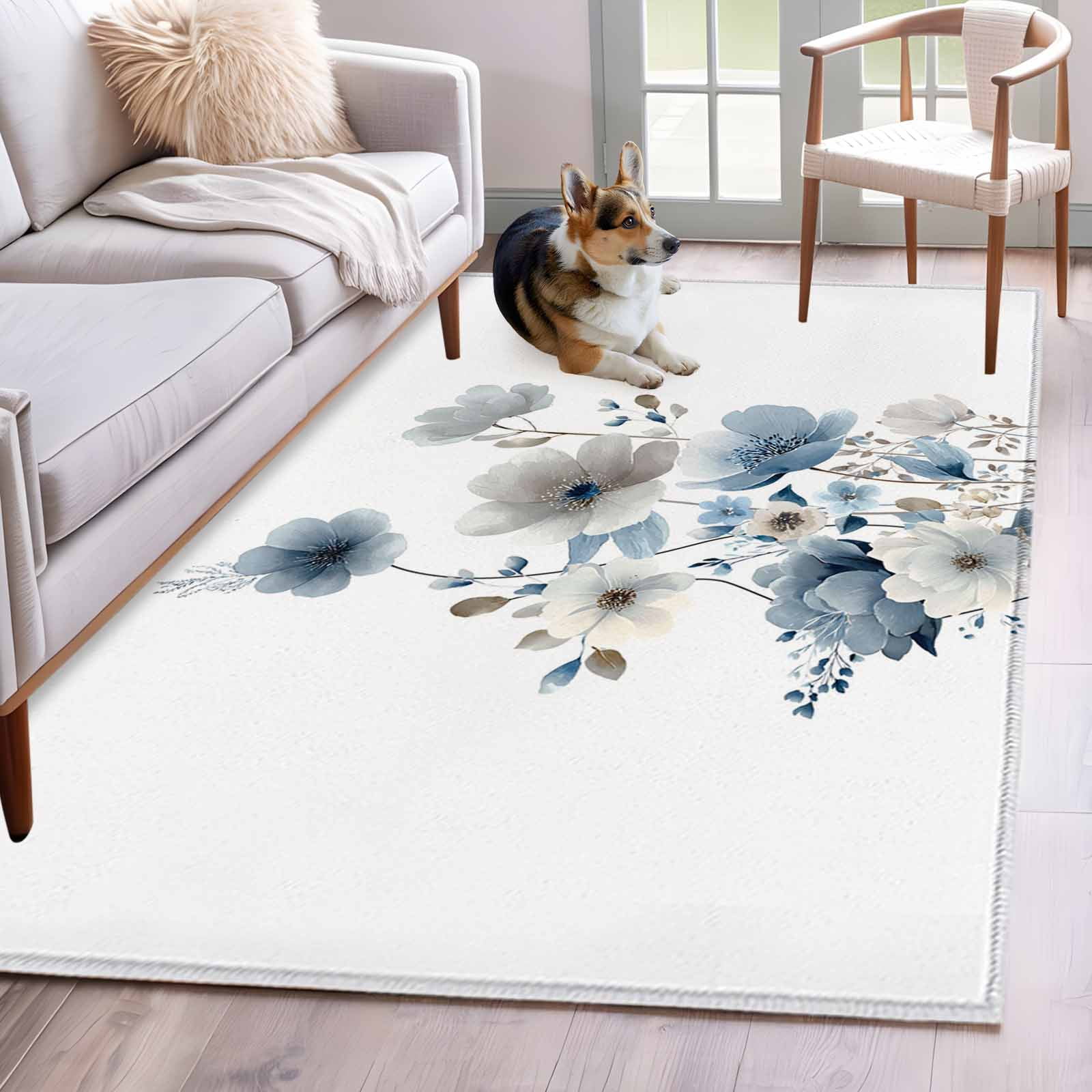 Rectangle Rug 4x6ft Area Rug Farm Blue Gray Flowers Area Rugs for Living Room Bedroom Country Floral on White Bottom Floor Mat Non-Slip Non-Shedding Carpet Indoor Accent Rugs