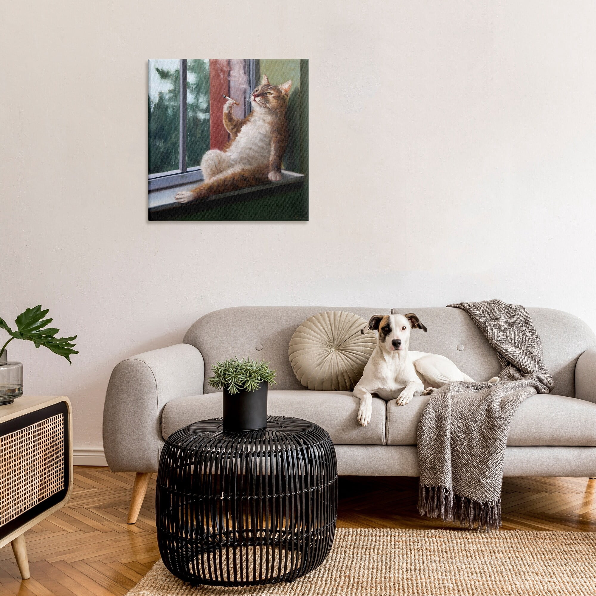 Stupell Industries House Cat Smoking Lounging in Window Pane,30 x 30,Designed by Lucia Heffernan