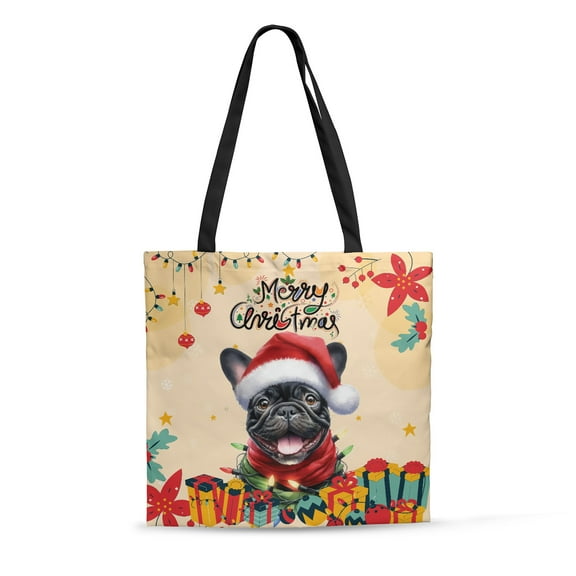 Merry Christmas Santa French Bulldog Scarf Twinkling Lights Xmas Holiday All Over Print 3D Canvas Tote Bag Dog Lover Gifts Reusable Handbag - 00022