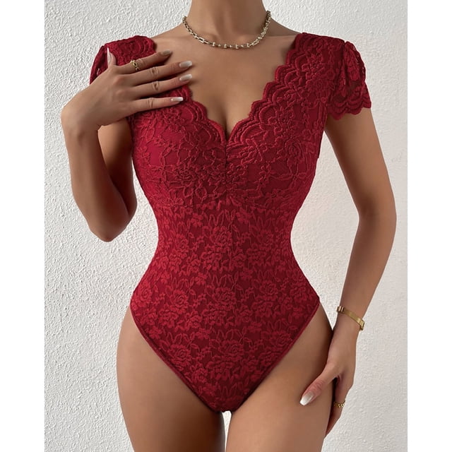 Mefallenssiah Women'S Solid Color Lace Lace Perspective Deep V Backless Design Sense One-Piece Tights