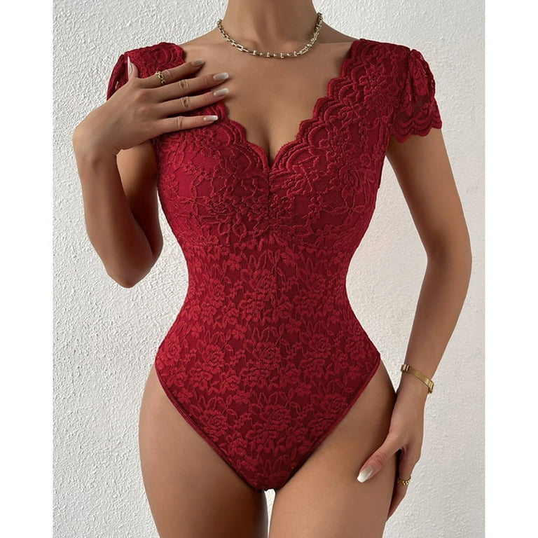 YYDGH Women Lace Short Sleeve Bodysuit Sexy Deep V Neck Crotch Leotard Tops  Red XS