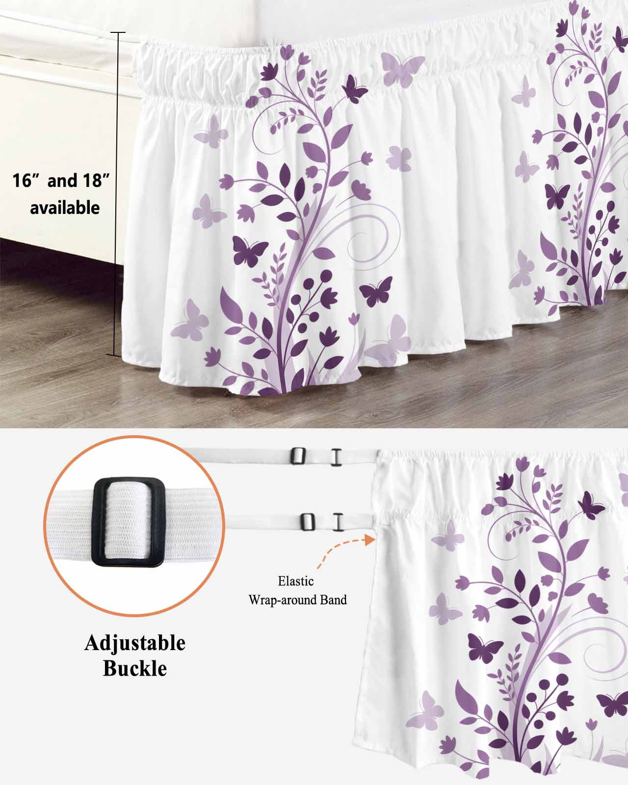 Purple WildFlower Bed Skirt King Size 16 Inch Drop, Spring Country Purple Floral Plant Butterfly Adjustable Elastic Dust Ruffles Bedskirt for King Bed Wrap Around Pleated Mattress Frame Cover