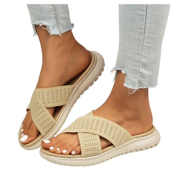 Rokment Womens Orthopedic Memory Foam Beach Slip on Sandals Summer Fashion Comfortable Mesh Crooss Band Platform Wedge Low Heel Walking Slides Casual Flat Slippers Beige Size 6