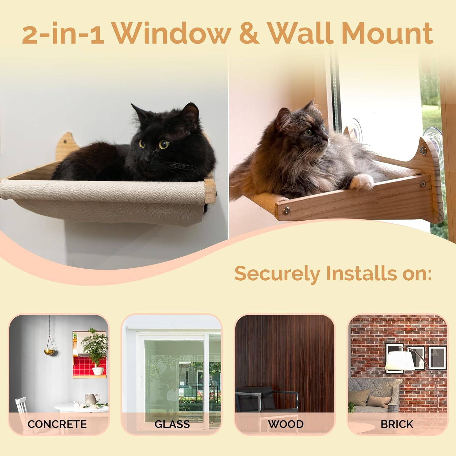 4-in-1 Window & Wall Mount  Wall Shelves – Hammock, Scratching Post & Perch |   Fits  to 40 lbs |   Space-Saving Pet Furniture for Windows, Glass & Drywall |   Modern Wood  Shelf Set
