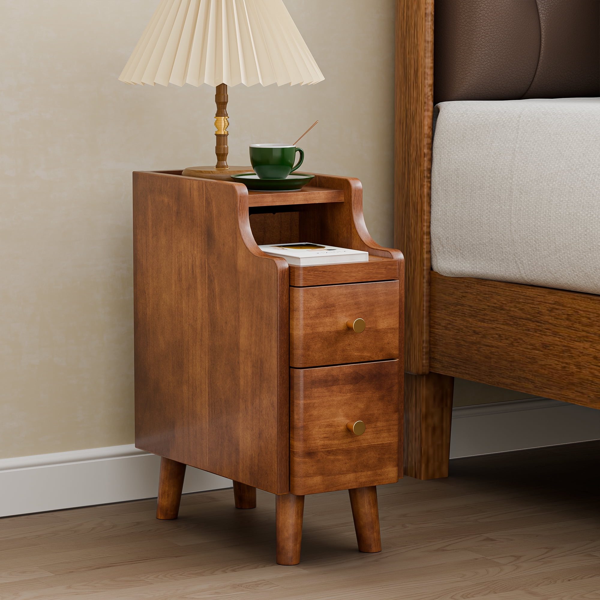 Narrow Nightstand with Drawers, Pre-Assembled Solid Wood Small Skinny Night Stand with Open Sliding Shelf, Mid Century Modern Slim Bedside Table for Bedroom, Sofa End Side Table, Walnut