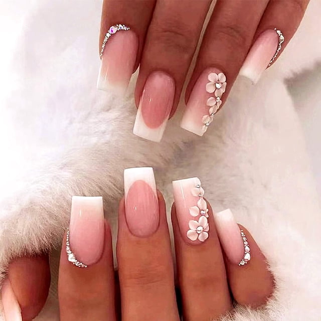 24 uñas postizas francesas con punta blanca, uñas postizas cuadradas medianas, uñas postizas con punta francesa, uñas postizas de cobertura total de color rosa (tipo pegamento)