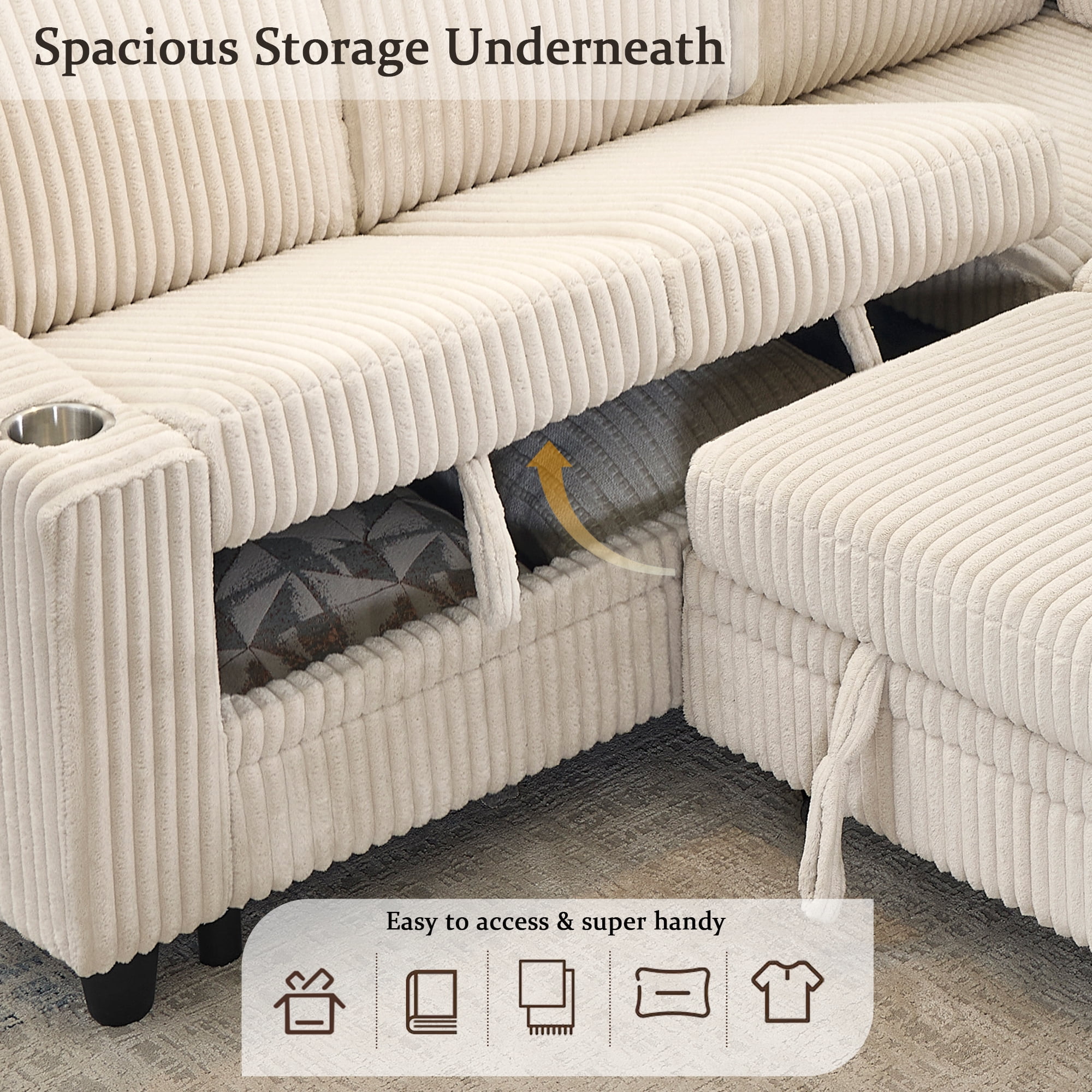 5-Seat L-Shaped Sectional Sofa with Pull-Out Bed, Reversible Chaise with Storage, Sleeper Sofa Couch Bed with USB & Type-C Charging Ports, Chenille Fabric Couch for Living Room, Apartment
