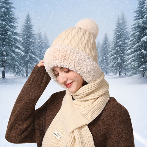Uobin Winter Thermal Scarf Hat Lined Knitted Ear For Outdoor Activities Cold Weather