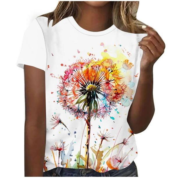Camisetas de Manga Corta para las Mujeres Impresas Cuello Redondo Camiseta Casual, Camisetas Casuales de Mujer