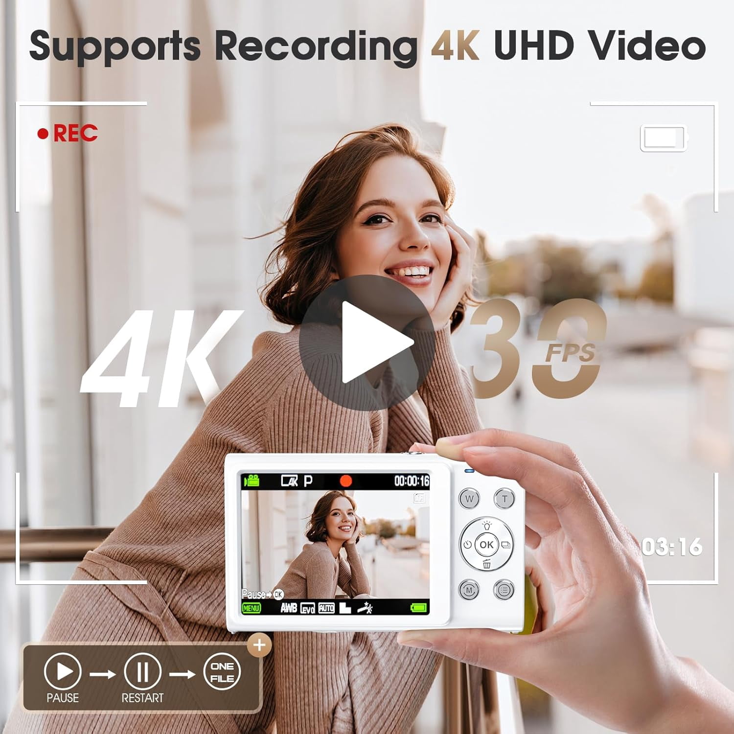BREWENE Digital Camera 4K Autofocus Vlogging Camera for YouTube with 32GB Card,48MP UHD 16X Digital Zoom Point and Shoot Camera for Photography