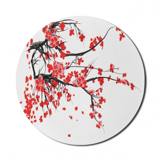 Floral Mouse Pad for Computers, Japanese Cherry Blossom Sakura Blooms Branch Spring Inspirations Print, Round Non-Slip Thick Rubber Modern Mousepad, 8" Round, Vermilion Brown White, by Ambesonne