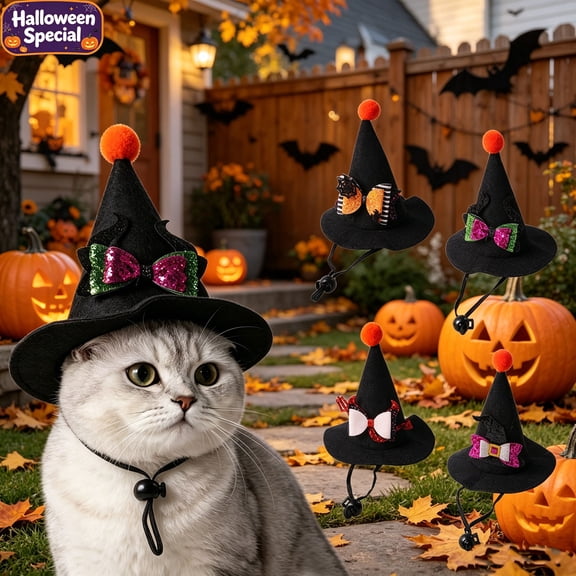 Mini Pet Halloween Witch Hat for Cats Small Dogs, Stiff Pointed Hat, Adjustable Elastic Chin Strap Lightweight Pet Headwear Halloween Party Cosplay Photo Prop Festive Pet Costume Accessory