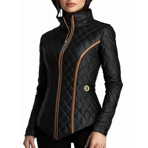 Women'S Quilted Jacket, Stylish Waist Cinched Quilted Padded Jacket, Zip Warm Winter Coat Outwear Black L