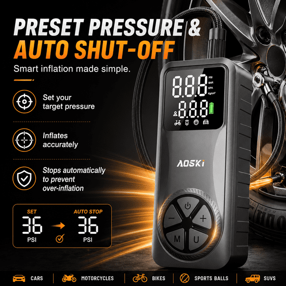 150PSI Portable Tire Inflator, Rechargeable Air Compressor with Digital Gauge, Auto Shut-Off & LED Light for Car Motorcycle Bike Ball Black