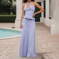 thumbnail image 2 of Unir Women’S 2-Piece Vacation Outfit Set, Halter Neck Keyhole Cut Out Ruffle Trim Top With High Waist Tiered Drawstring Flowy Maxi Skirt, Smooth Lightweight Polyester Fabric, 2pcs, Sizes S To L, 2 of 7