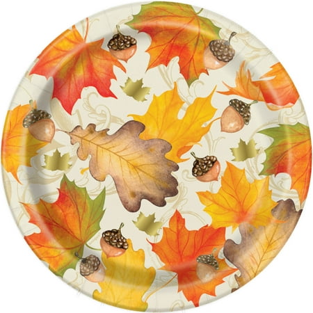 Fall Leaves Thanksgiving Party Plates, 7 in, Gold Foil, 8ct