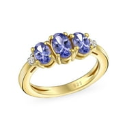 Oval Past Present Future 3 Stone Purple Tanzanite Ring for Women 14K Gold Plated Sterling Silver February Birthstone