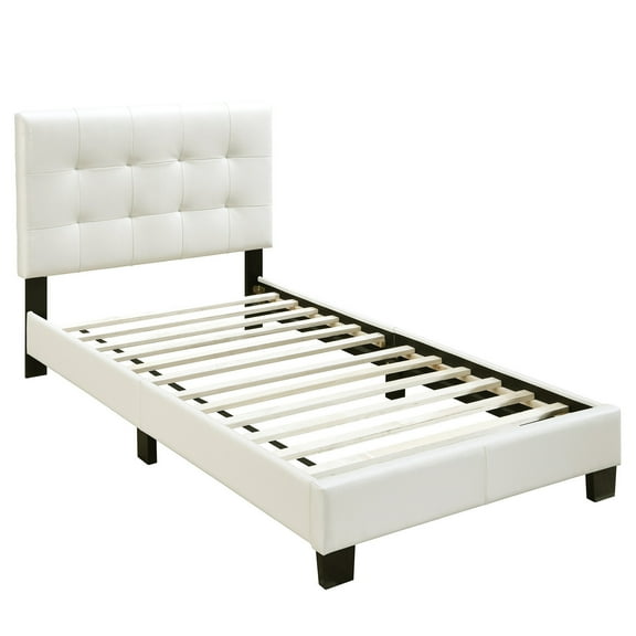 Twin Bed Frame Faux Leather Slat Support Modern Bedroom Furniture White