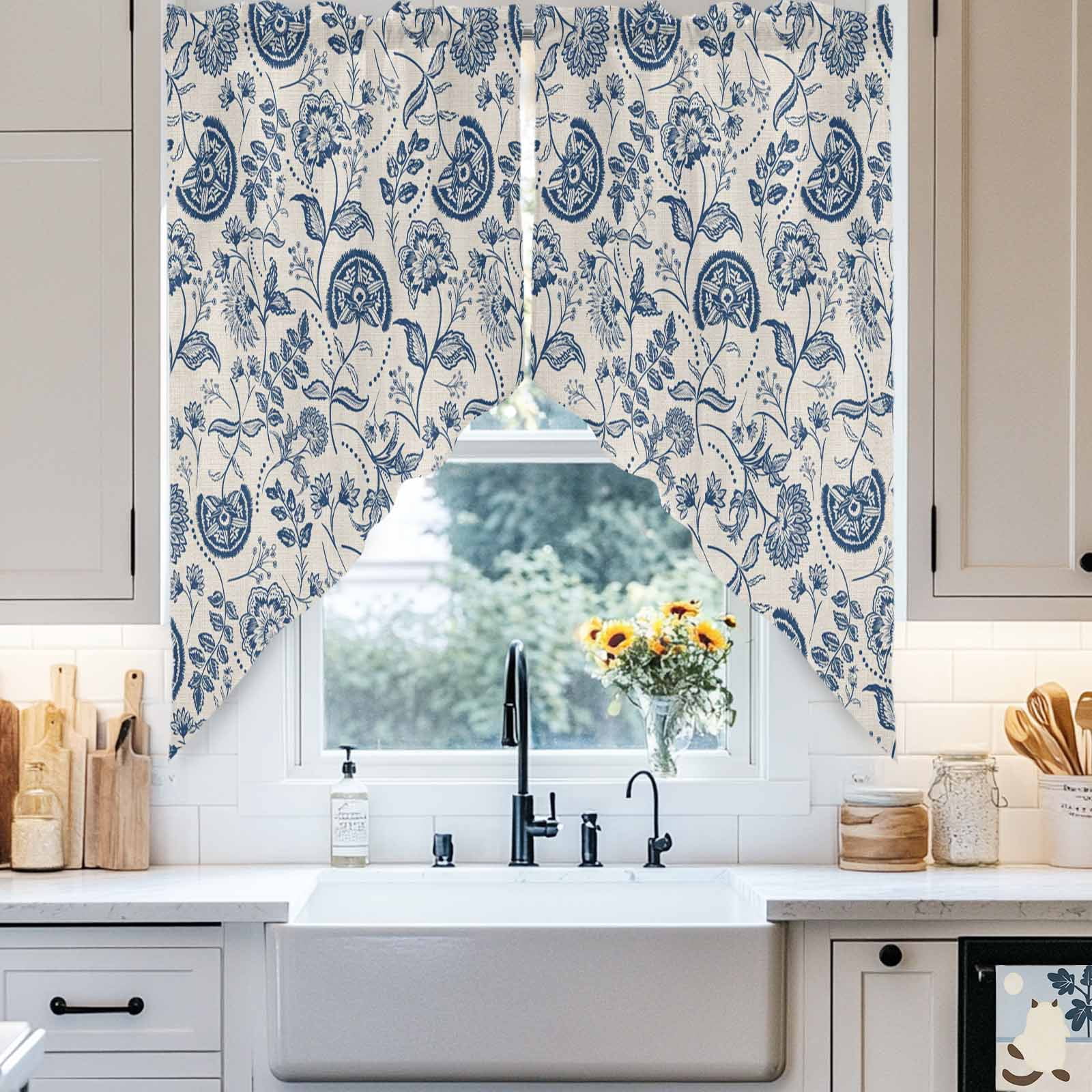 Farmhouse Navy Blue Floral Swag Valances for Windows 2 Pack Linen Boho Paisley Flower Rustic Swag Kitchen Curtains 63 Inches Long Rod Pocket Short Window Treatment for Kitchen Bathroom 36"x63"